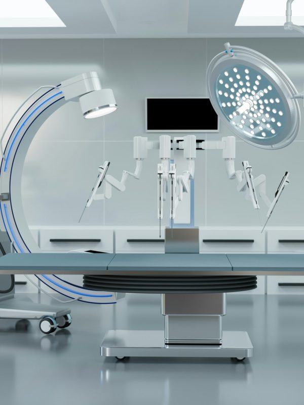 clean operating room, robot with C arm and medical equipment